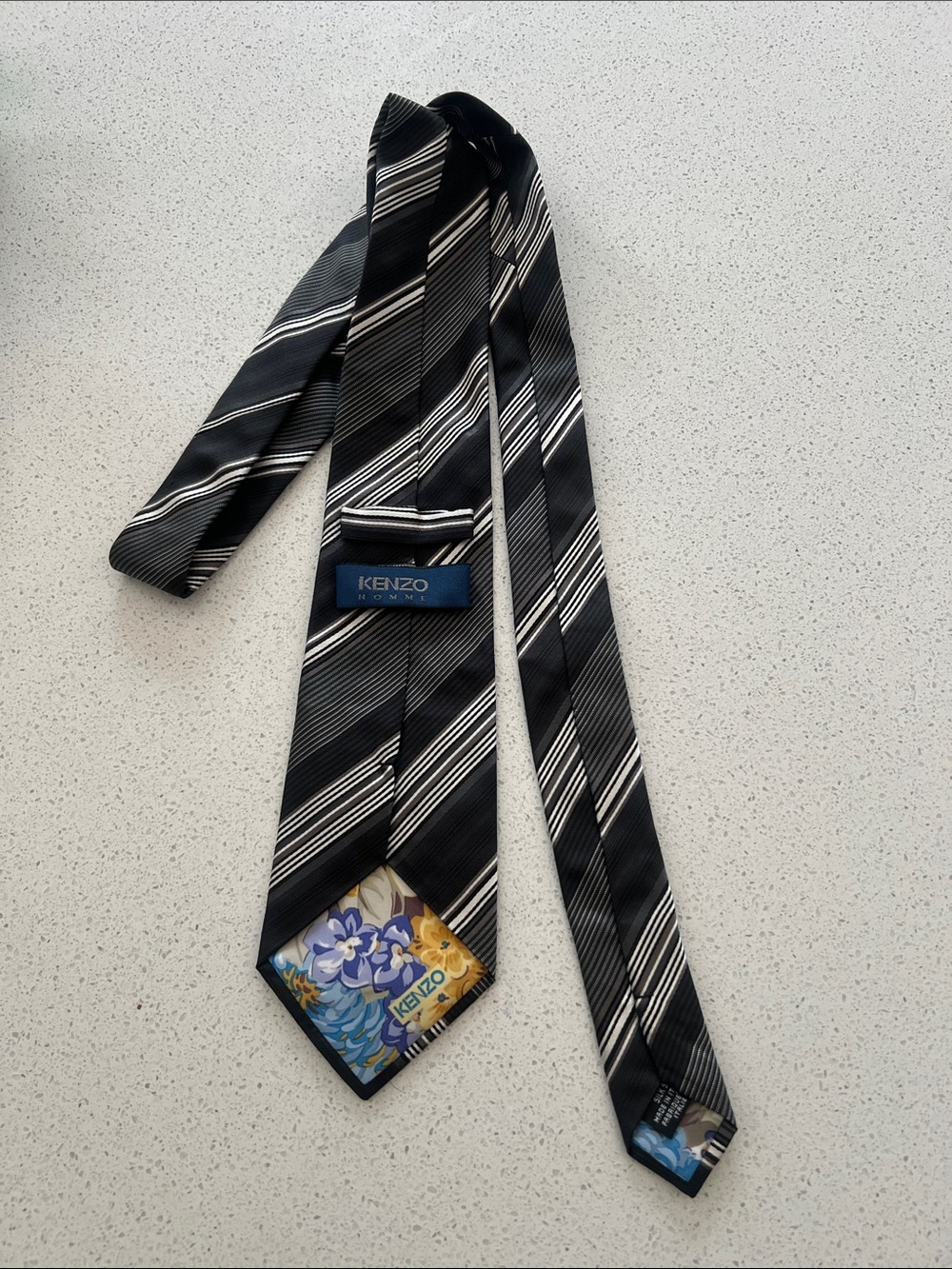 Kenzo Diagonal Striped Tie Gray Black White Floral Detail